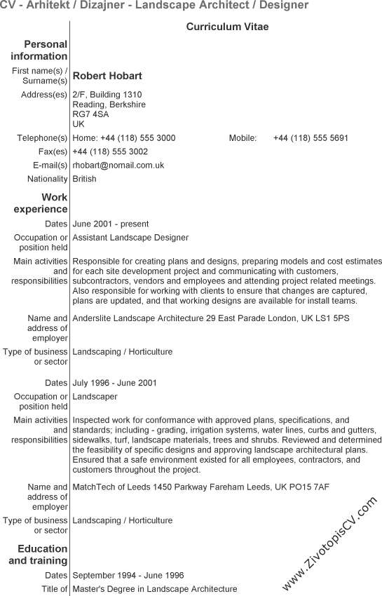 primer biografije Arhitekt dizajner