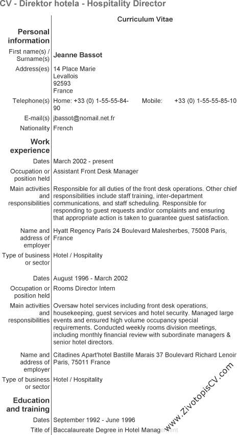 primjer životopis Direktor hotela