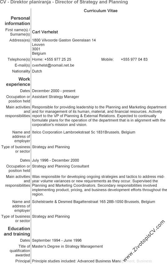 primjer životopis Direktor planiranja