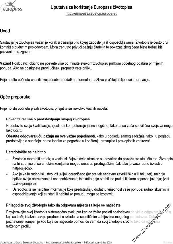 primer Europass CV uputstva