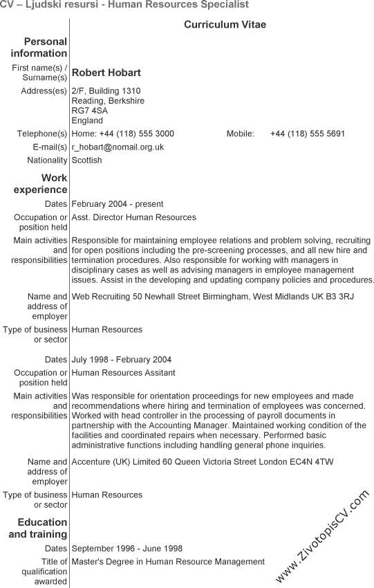primer biografije Hr - ljudski resursi
