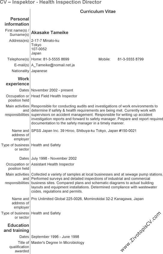 primjer životopis Inspektor