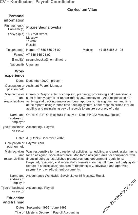 primjer životopis Kordinator