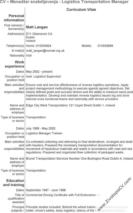 primjer životopis Menadžer snabdijevanja