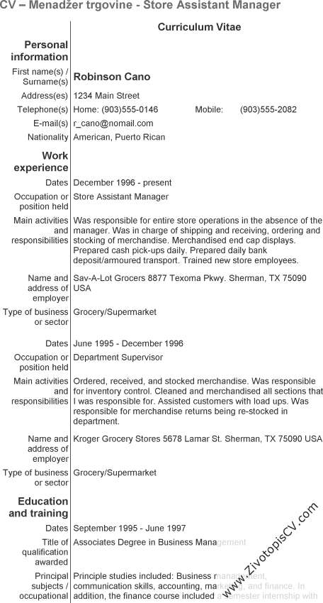 primjer životopis Menadžer trgovine