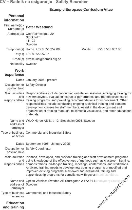 primer biografije Radnik na osiguranju