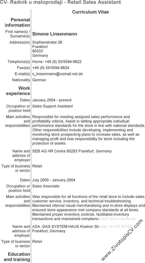 primjer životopis Radnik u maloprodaji