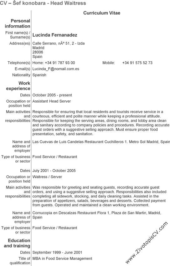 primjer životopis Šef konobara