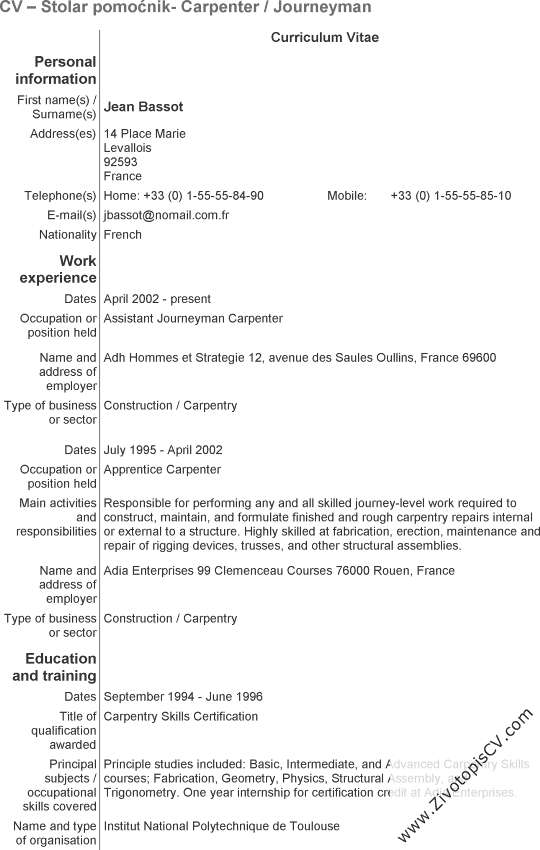 primjer životopis Stolar pomoćnik