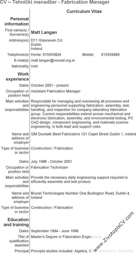 primjer životopis Tehnički menadžer