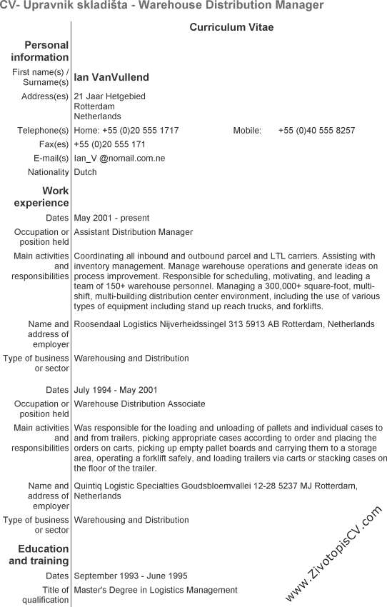 primjer životopis Upravnik skladišta