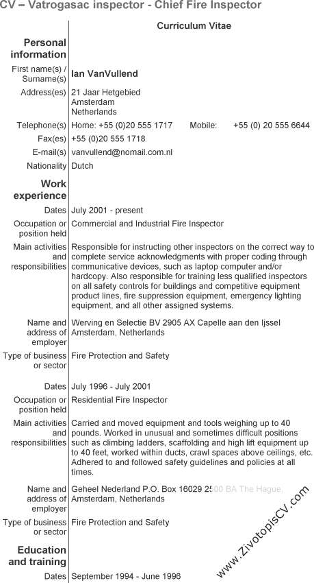 primjer životopis Vatrogasac inspektor