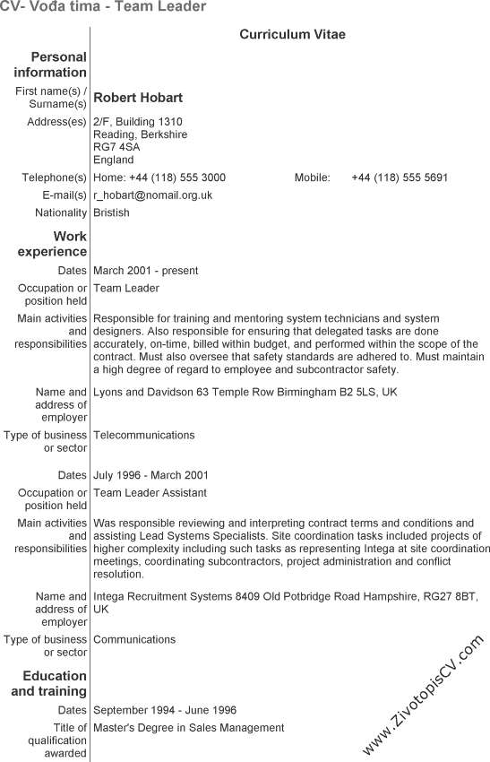 primjer životopis Vođa tima