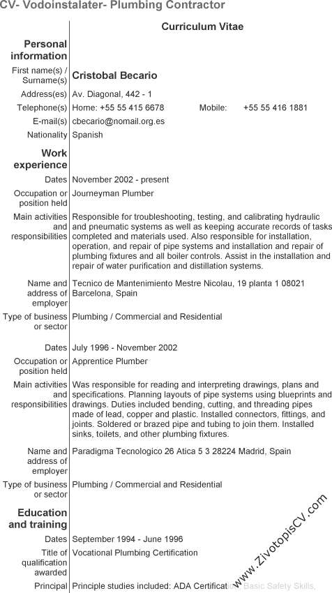 primjer životopis Vodoinstalater