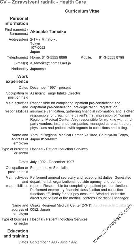primjer životopis Zdravstveni radnik