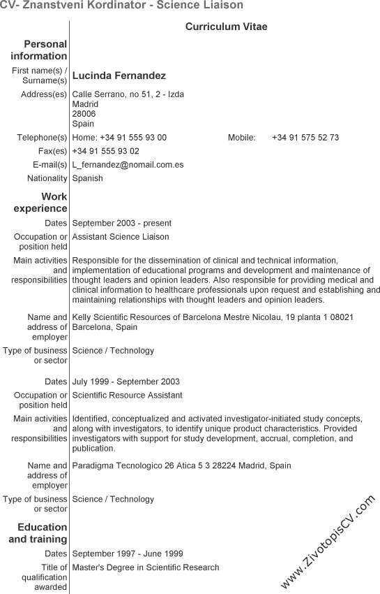 primjer životopis Znanstveni kordinator